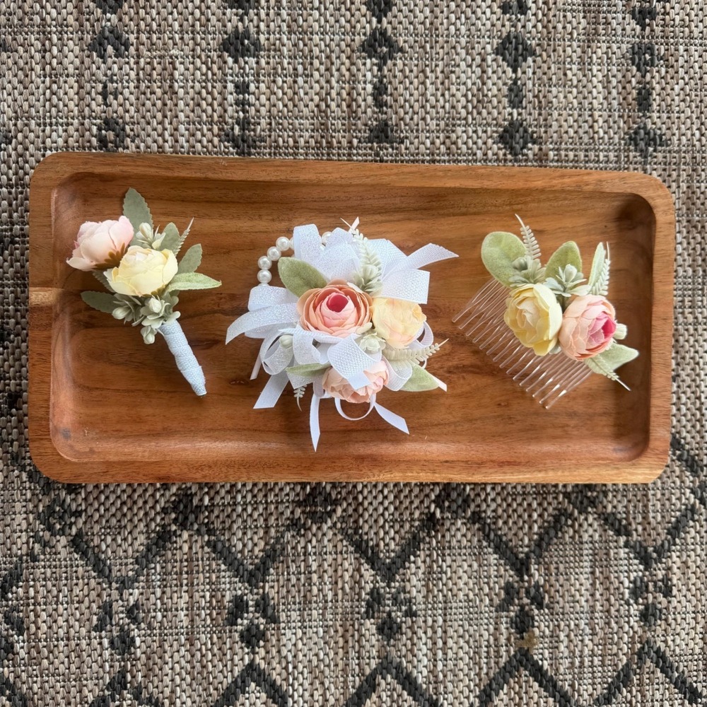 Corsage Boutonnière Hair Comb Pink Peach White Set Prom Floral Set Prom Keepsake